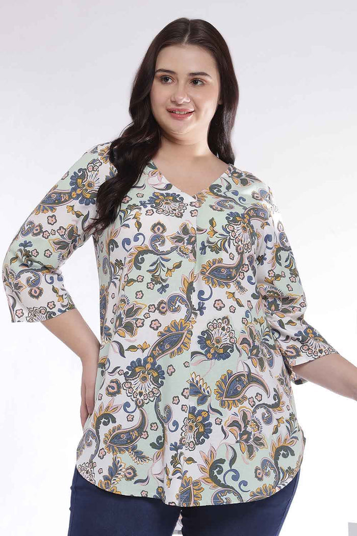 Plus Size Green Paisley Print V Neck Cotton Top
