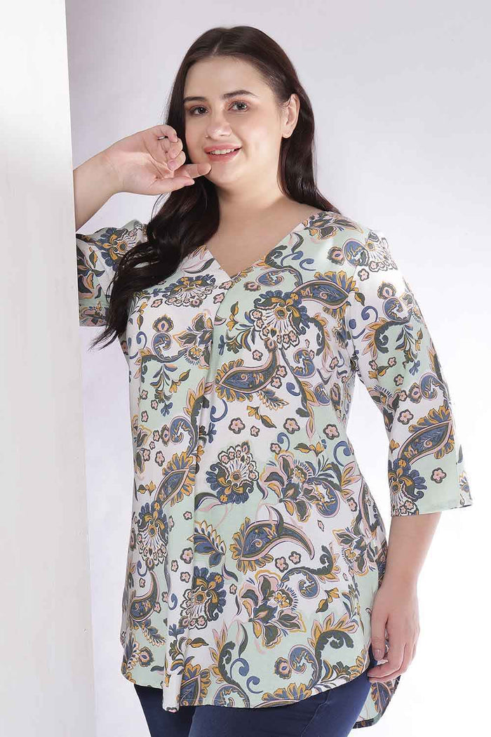 Plus Size Green Paisley Print V Neck Cotton Top