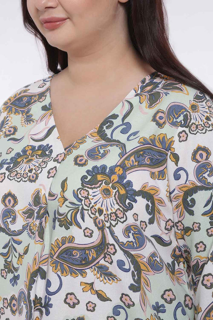 Plus Size Green Paisley Print V Neck Cotton Top