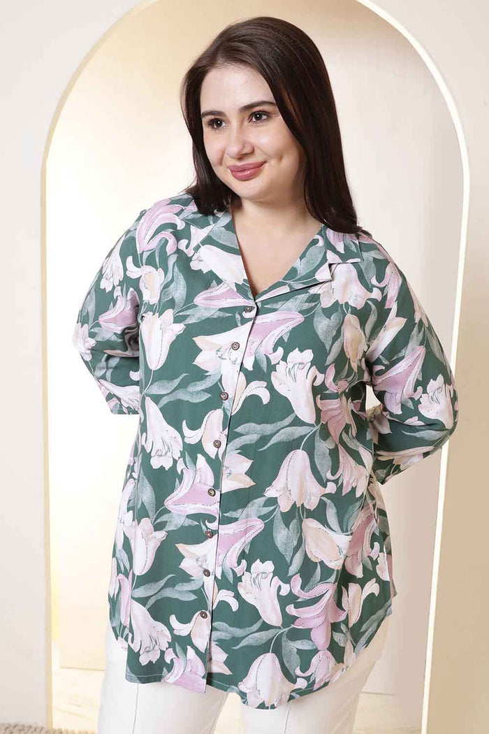 Plus Size Green & Pink Flower Print Cuban Collar Rayon Shirt