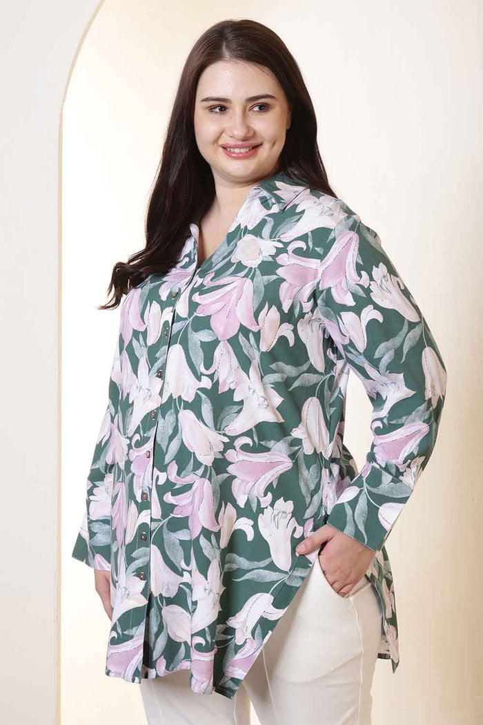 Plus Size Green & Pink Flower Print High Slit Styled Cuff Rayon Shirt