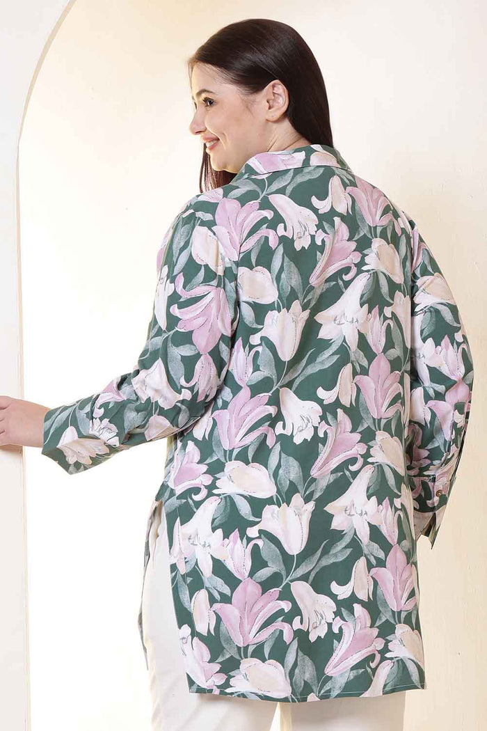 Plus Size Green & Pink Flower Print High Slit Styled Cuff Rayon Shirt