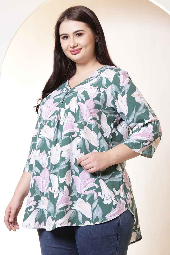 Plus Size Green & Pink Flower Print V Neck Rayon Top