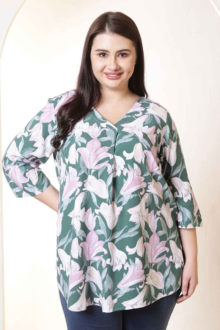 Plus Size Green & Pink Flower Print V Neck Rayon Top