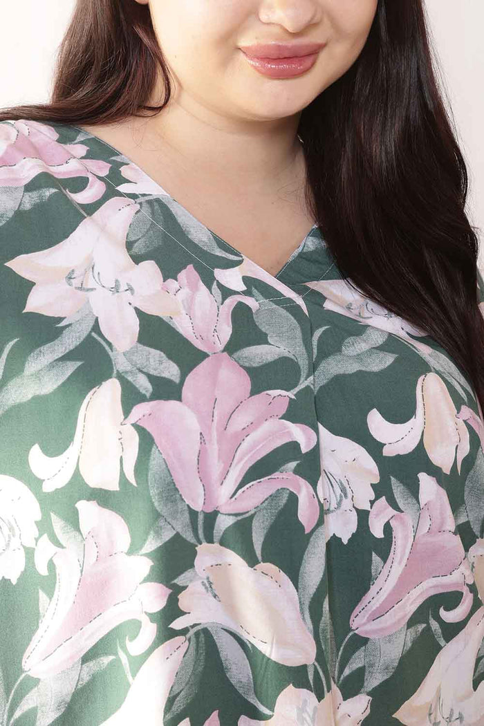 Plus Size Green & Pink Flower Print V Neck Rayon Top