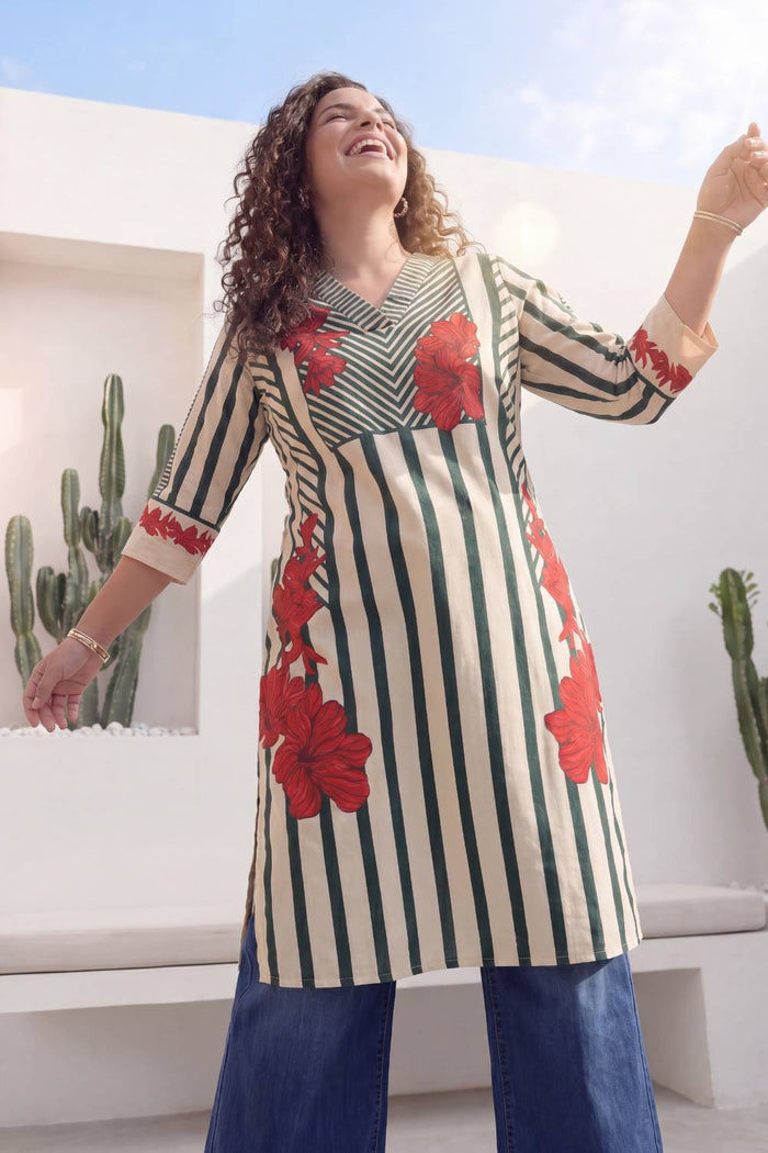 Plus Size Green Stripe Floral Print Cotton V-Neck Kurta
