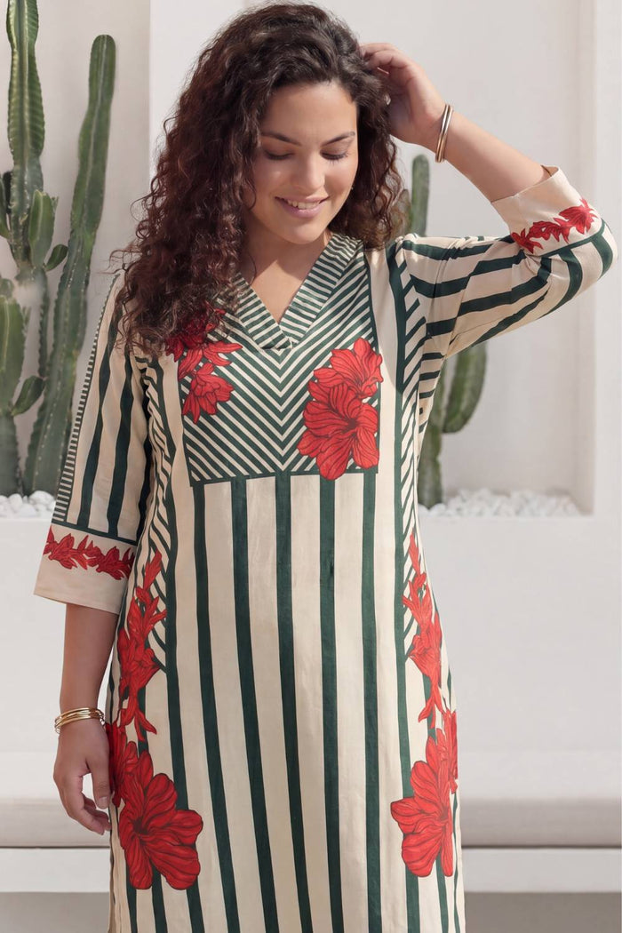 Plus Size Green Stripe Floral Print Cotton V-Neck Kurta