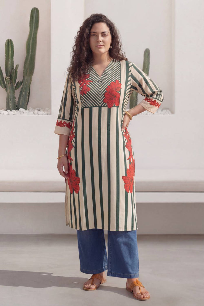 Plus Size Green Stripe Floral Print Cotton V-Neck Kurta