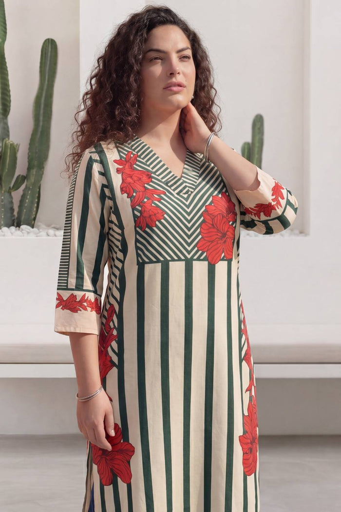 Plus Size Green Stripe Floral Print Cotton V-Neck Kurta