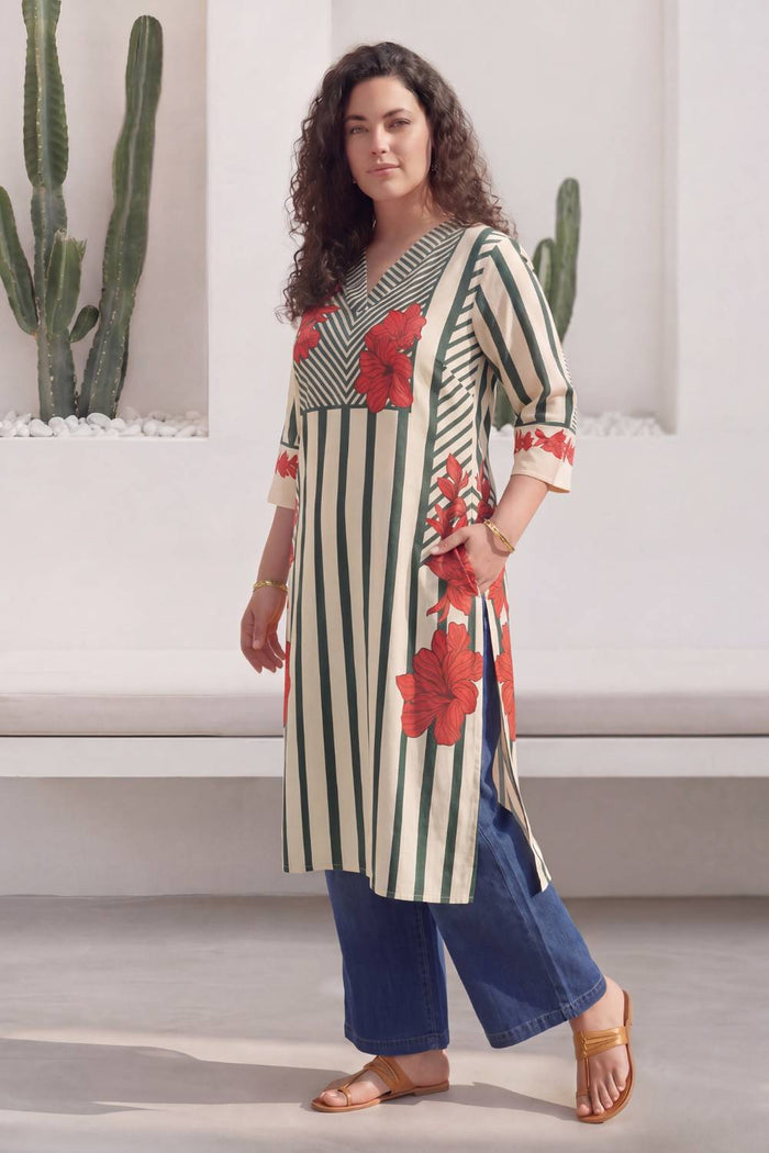 Plus Size Green Stripe Floral Print Cotton V-Neck Kurta