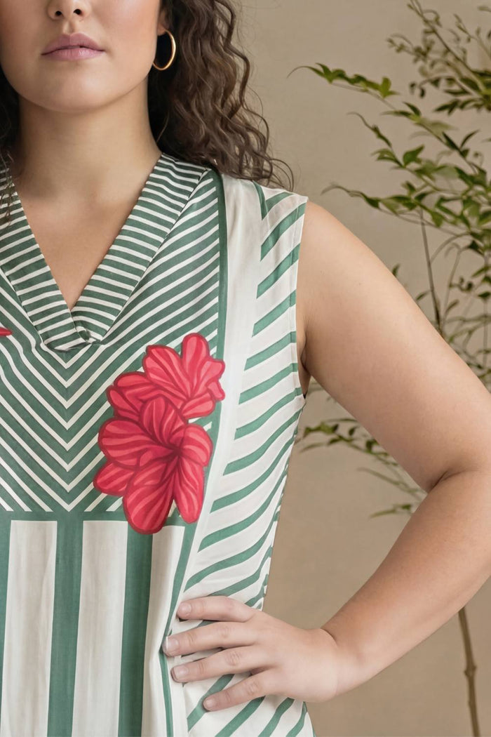 Plus Size Green Stripe Floral Print Sleeveless Cotton Midi Dress