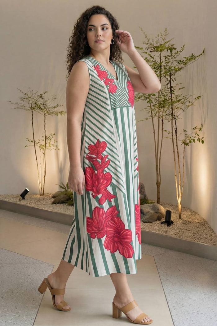 Plus Size Green Stripe Floral Print Sleeveless Cotton Midi Dress