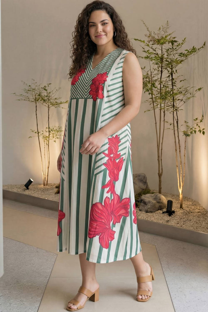 Plus Size Green Stripe Floral Print Sleeveless Cotton Midi Dress