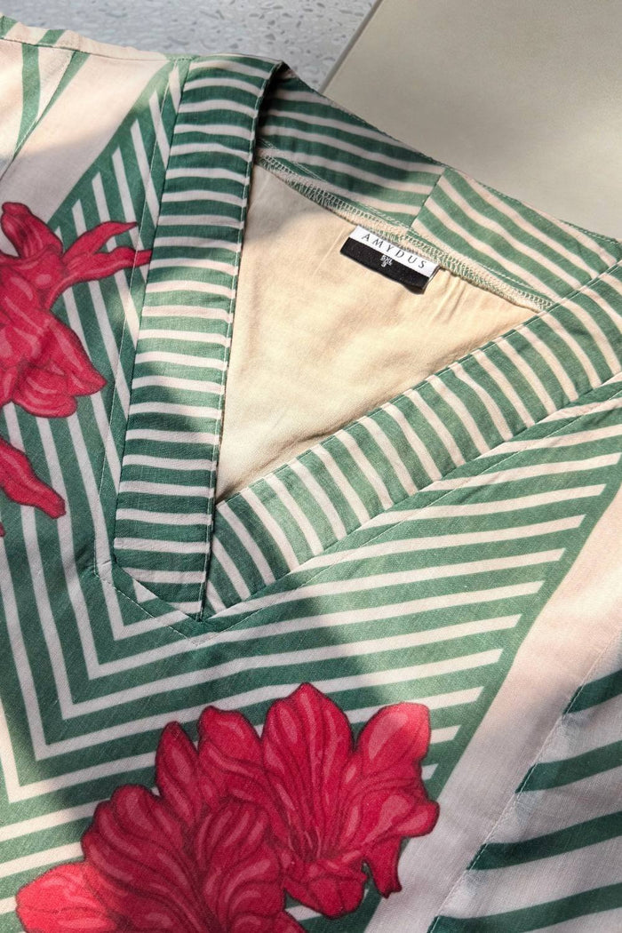 Plus Size Green Stripe Floral Print Sleeveless Cotton Midi Dress