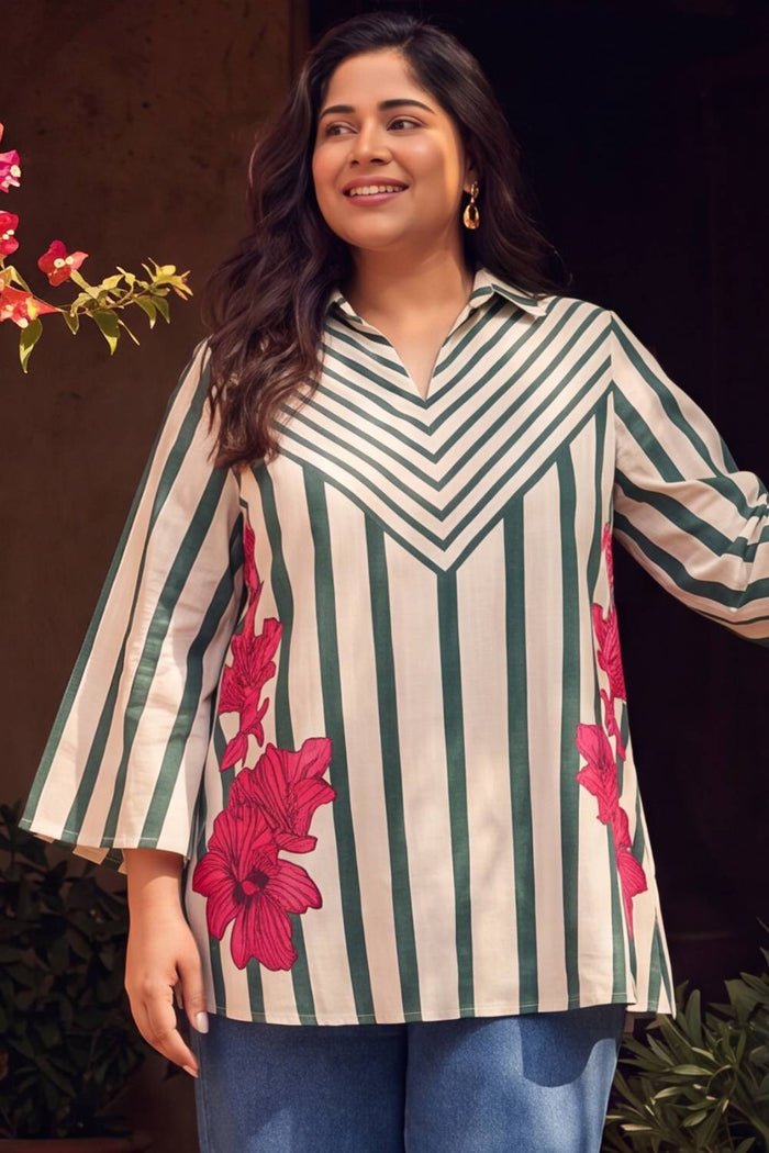 Plus Size Green Stripe Floral Printed Cotton Top