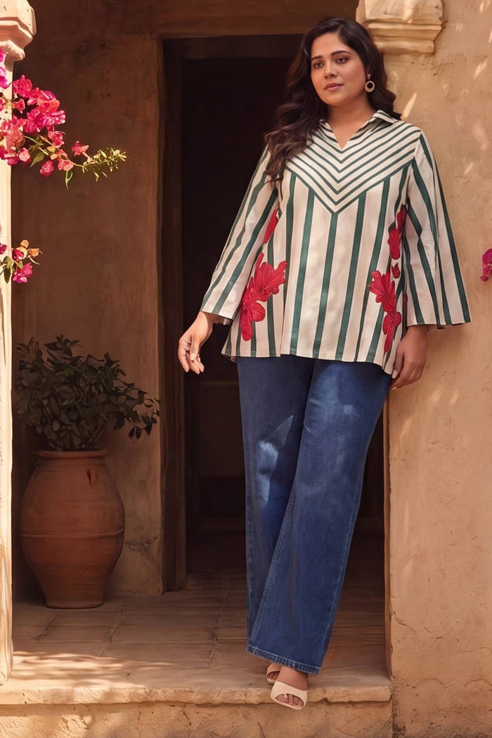 Plus Size Green Stripe Floral Printed Cotton Top