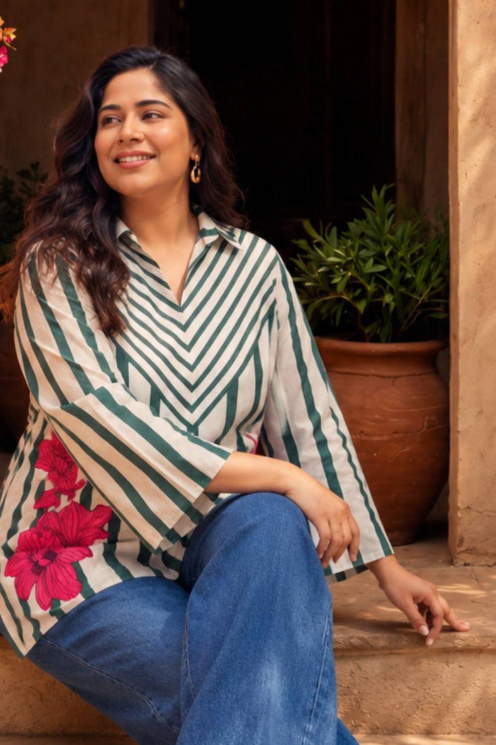Plus Size Green Stripe Floral Printed Cotton Top