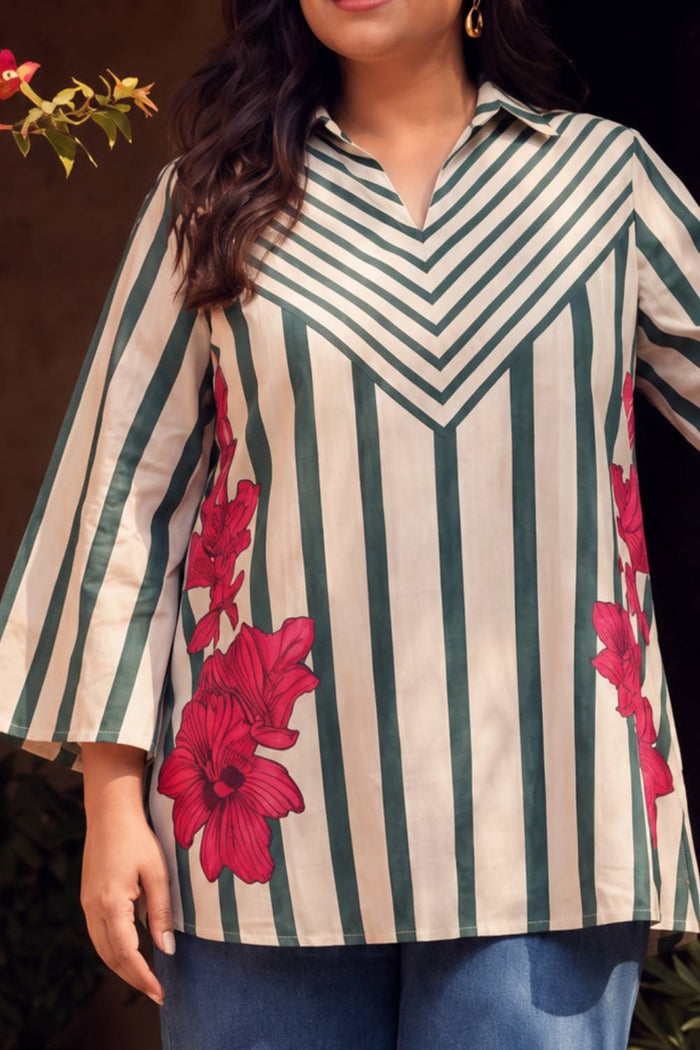 Plus Size Green Stripe Floral Printed Cotton Top