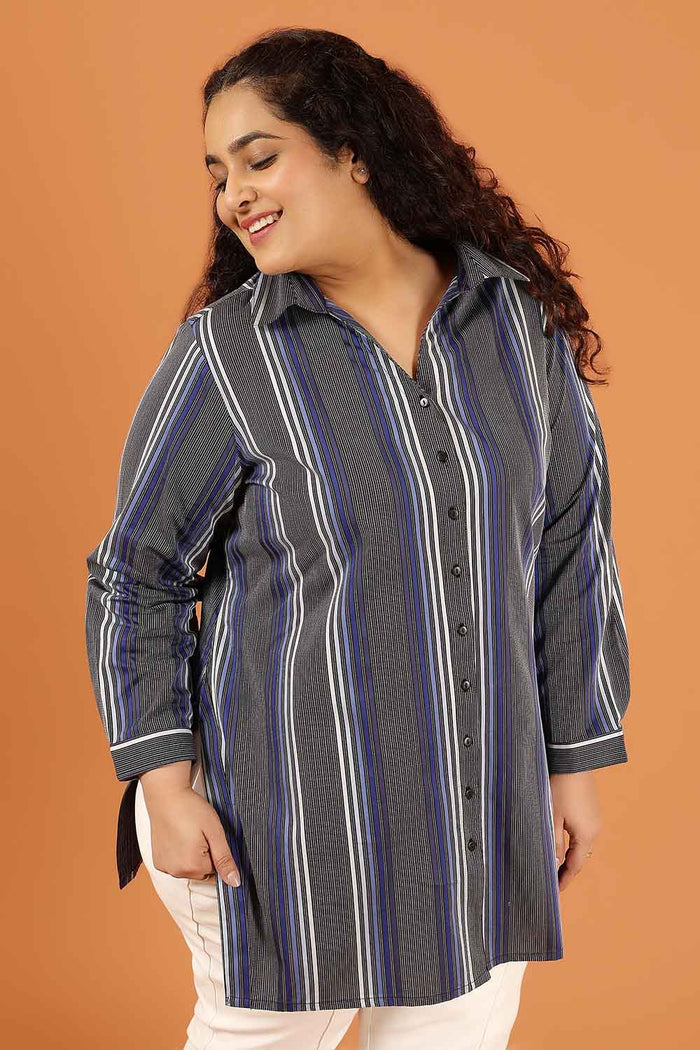 Plus Size Grey & Blue Striped Cotton High Slit Longline Shirt