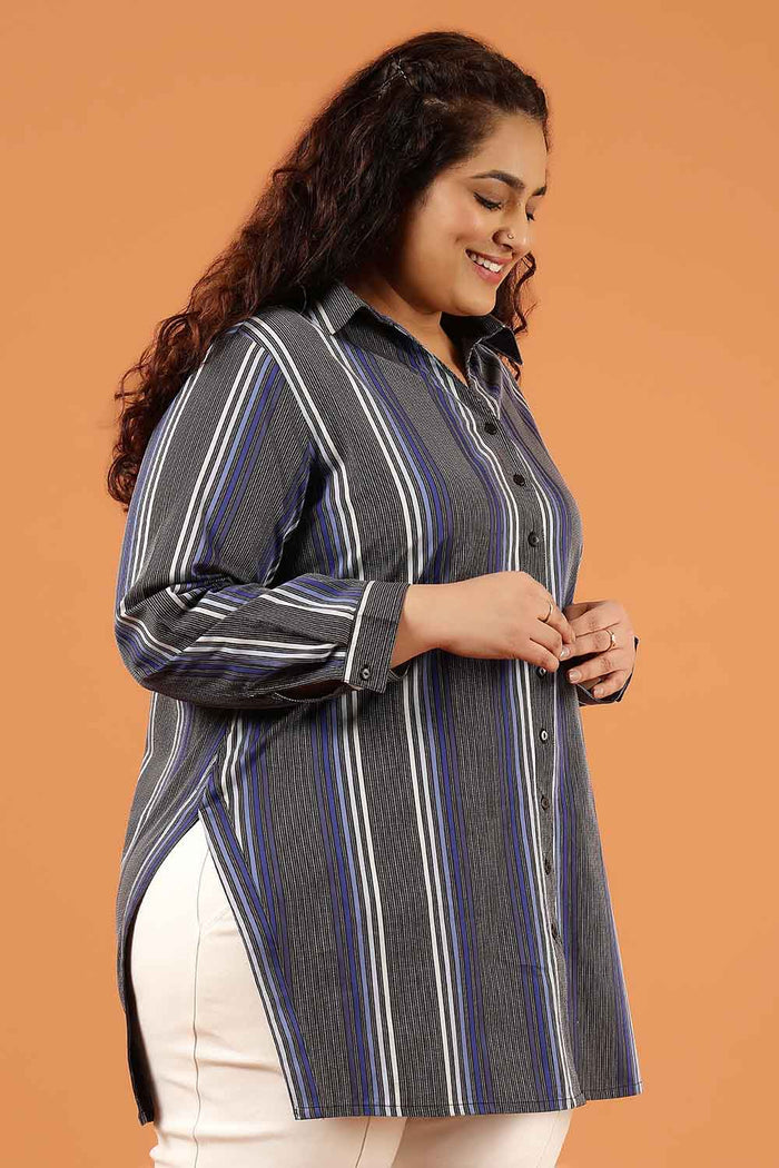 Plus Size Grey & Blue Striped Cotton High Slit Longline Shirt
