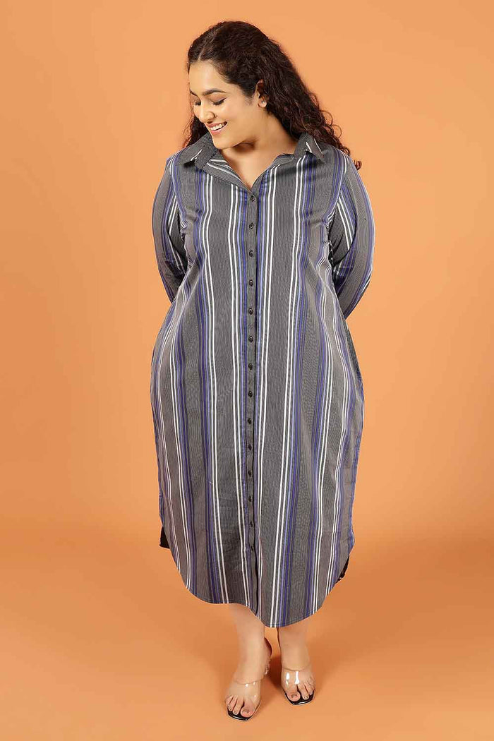 Plus Size Grey & Blue Striped Cotton Shirt Dress