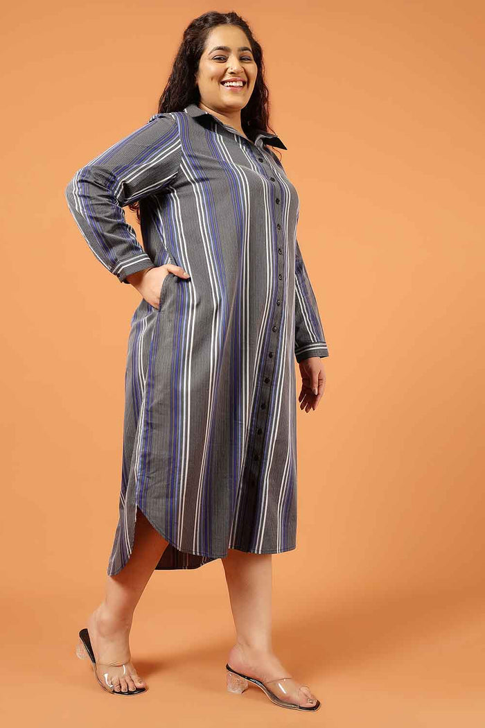 Plus Size Grey & Blue Striped Cotton Shirt Dress