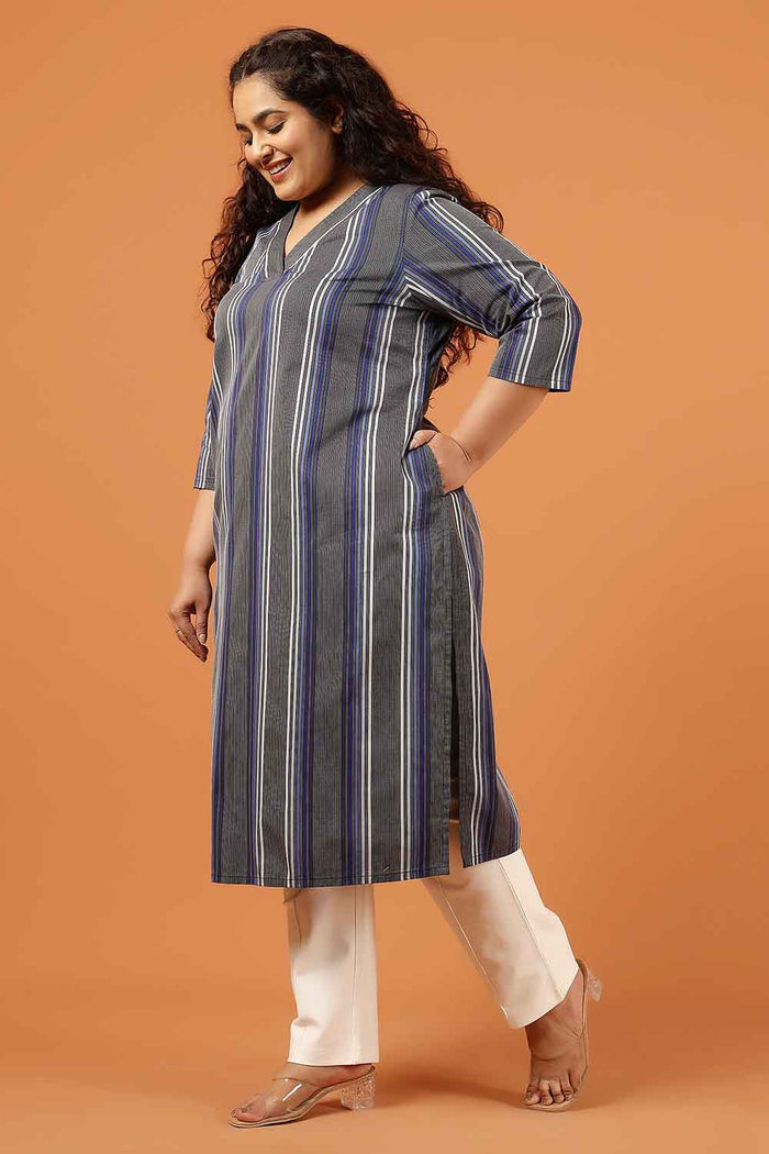 Plus Size Grey & Blue Striped Cotton V Neck Kurta
