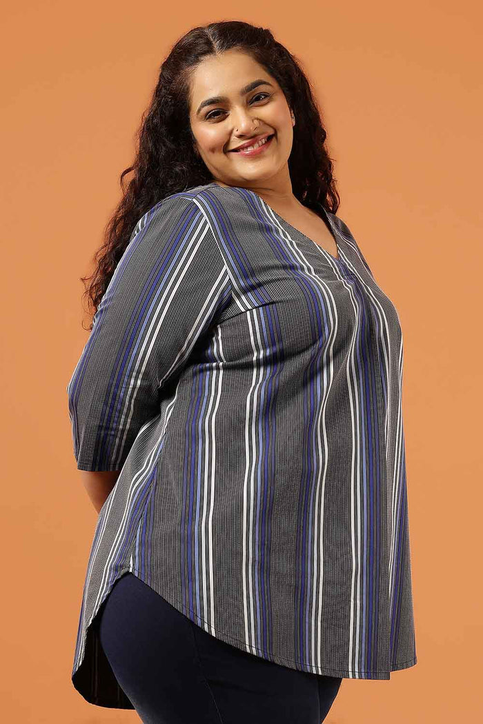 Plus Size Grey & Blue Striped Cotton V Neck Top