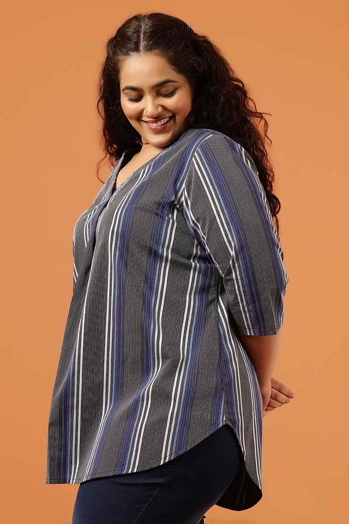 Plus Size Grey & Blue Striped Cotton V Neck Top