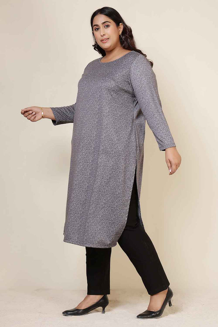 Plus Size Grey Melange Round Neck SnugWeave™ Winter Kurta