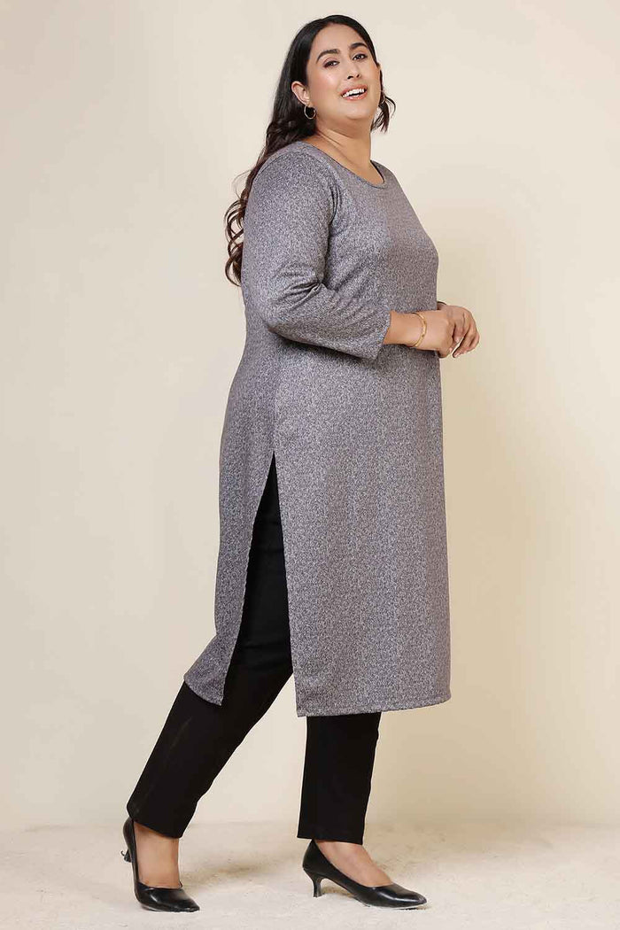 Plus Size Grey Melange Round Neck SnugWeave™ Winter Kurta