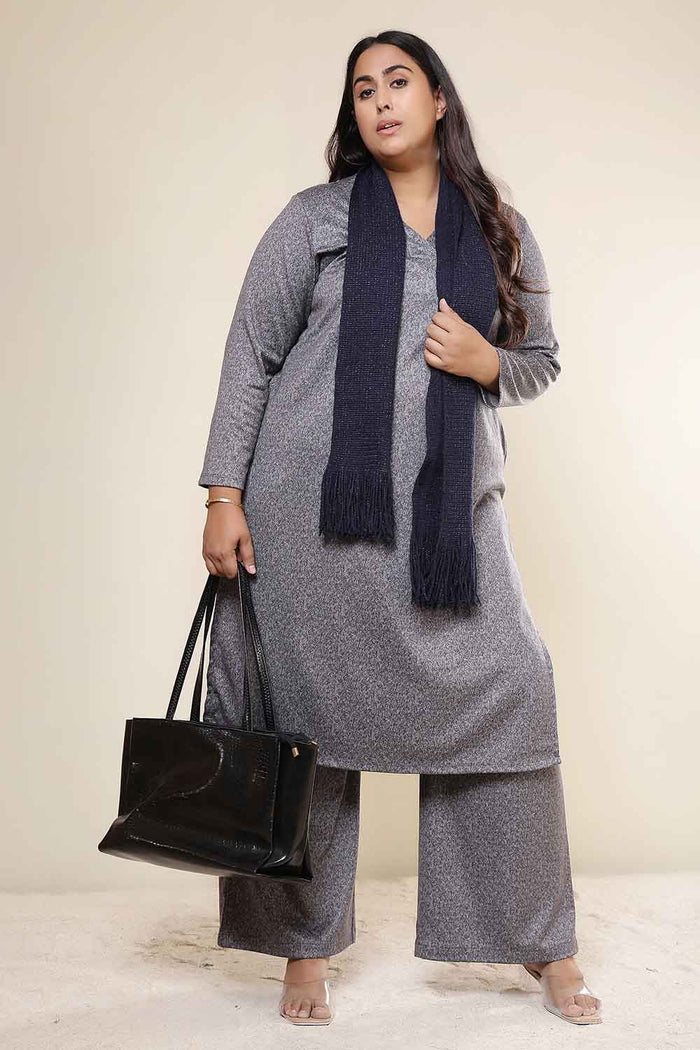 Plus Size Grey Melange SnugWeave™ Winter Kurta Coord Set