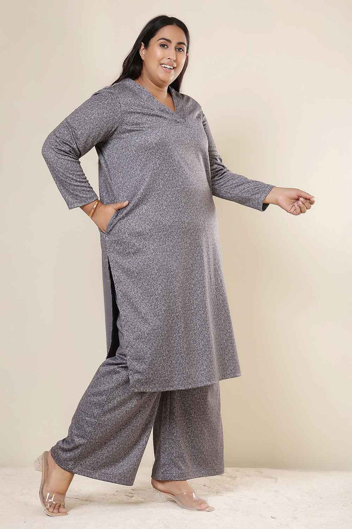 Plus Size Grey Melange SnugWeave™ Winter Kurta Coord Set
