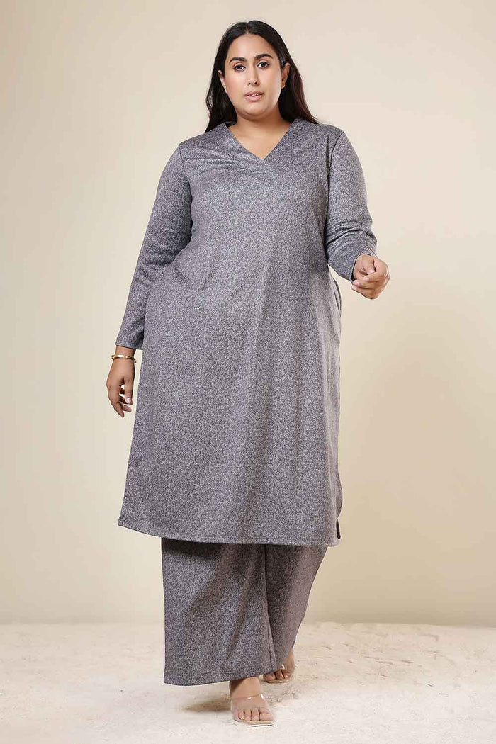 Plus Size Grey Melange SnugWeave™ Winter Kurta Coord Set