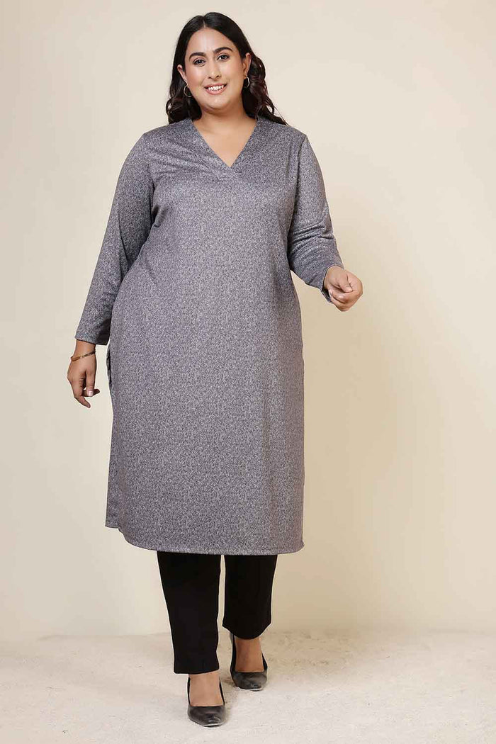 Plus Size Grey Melange V Neck SnugWeave™ Winter Kurta