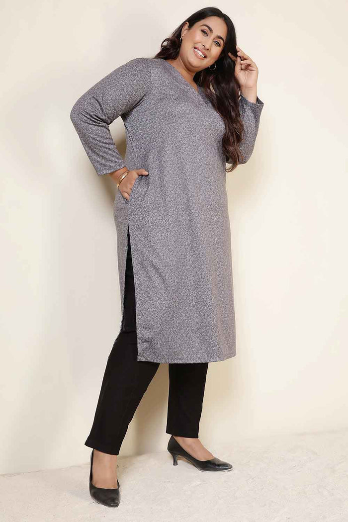 Plus Size Grey Melange V Neck SnugWeave™ Winter Kurta