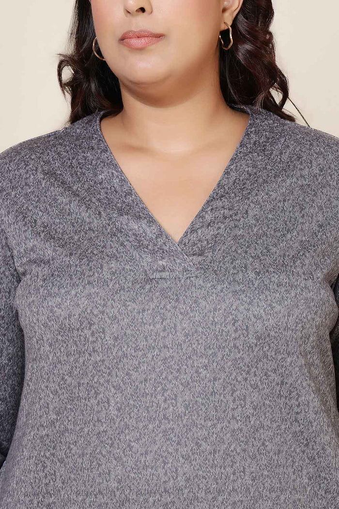 Plus Size Grey Melange V Neck SnugWeave™ Winter Kurta