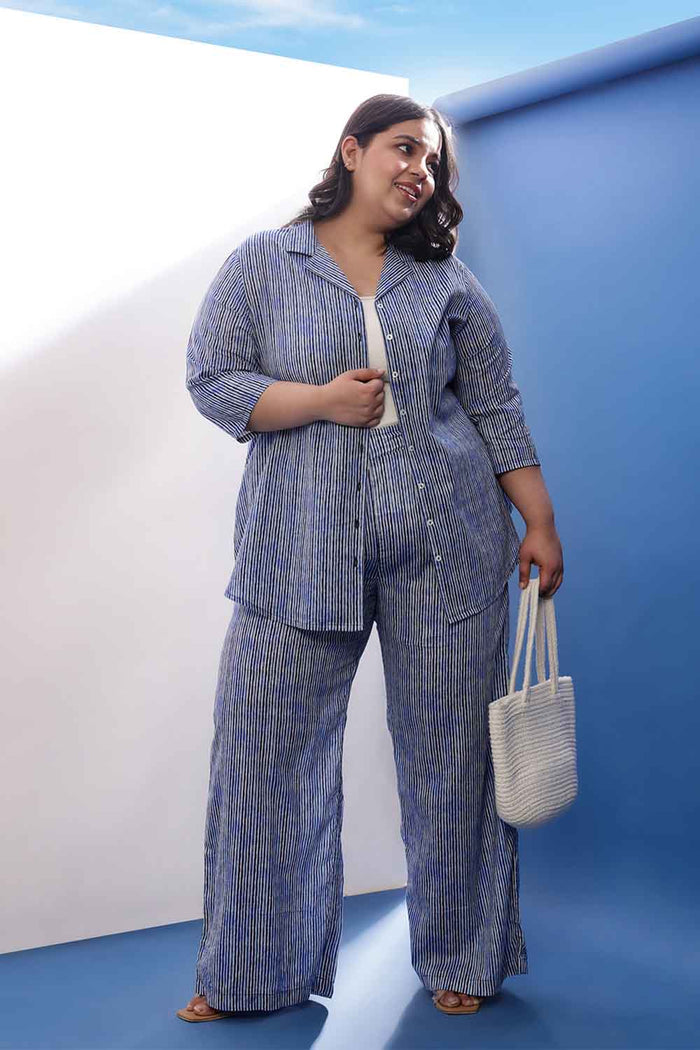 Plus Size Indigo Striped Cotton Shirt Coord Set