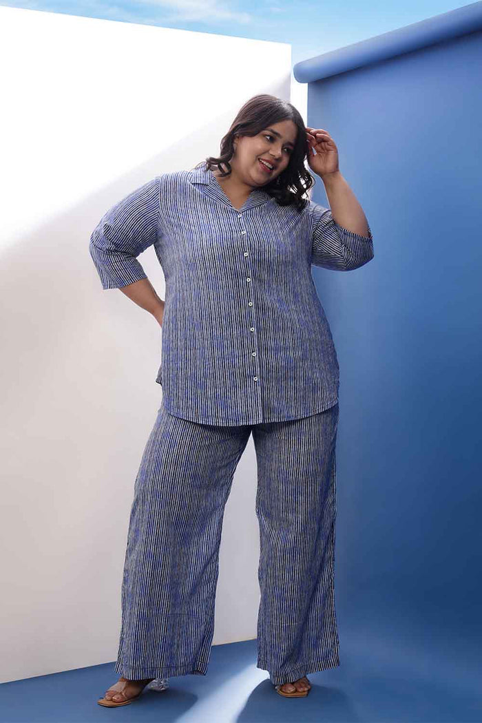Plus Size Indigo Striped Cotton Shirt Coord Set