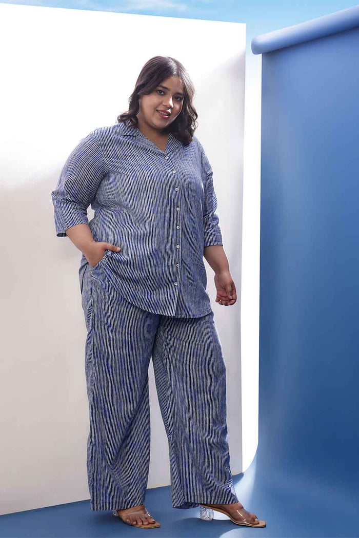Plus Size Indigo Striped Cotton Shirt Coord Set