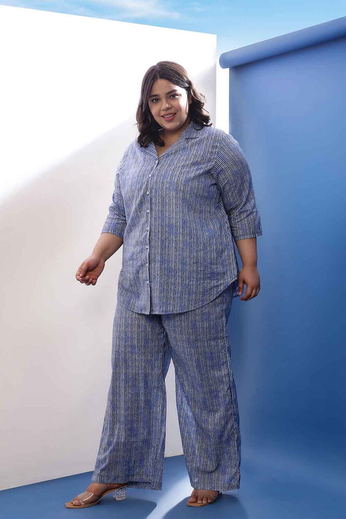 Plus Size Indigo Striped Cotton Shirt Coord Set