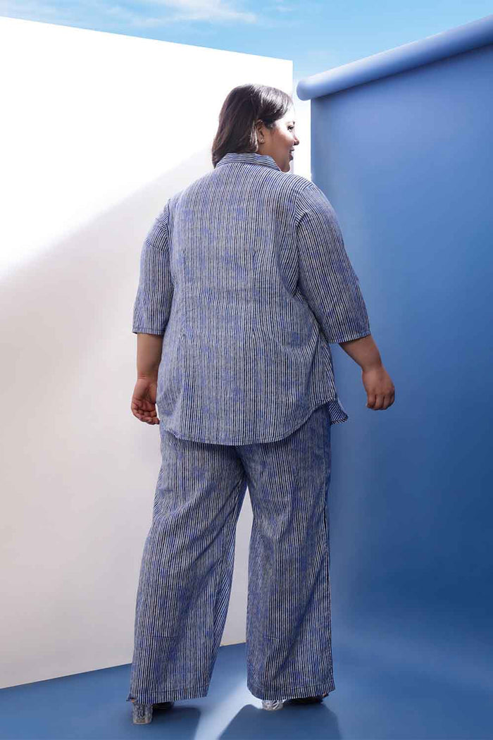 Plus Size Indigo Striped Cotton Shirt Coord Set