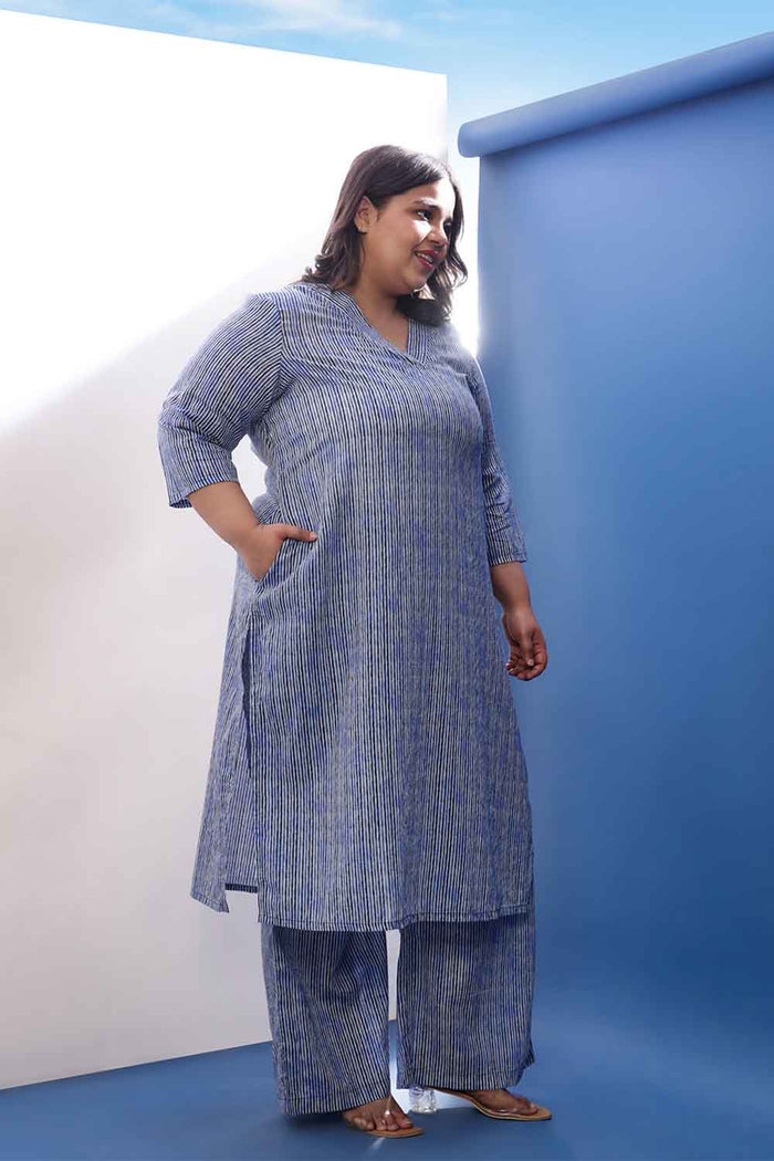 Plus Size Indigo Striped V Neck Cotton Kurta Coord Set