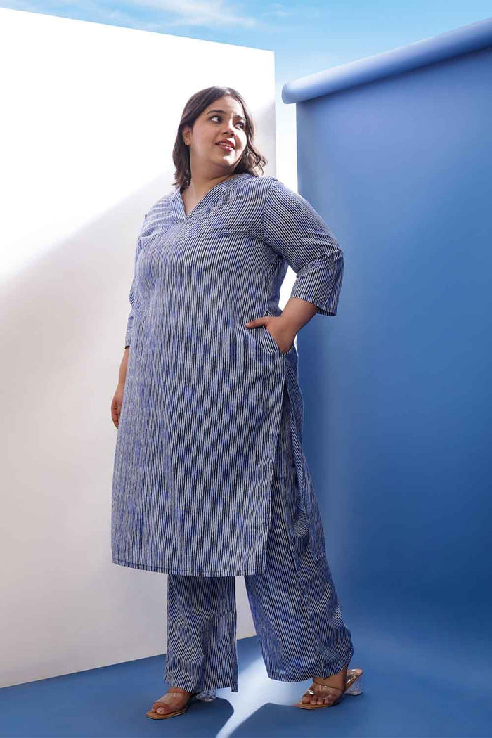 Plus Size Indigo Striped V Neck Cotton Kurta Coord Set