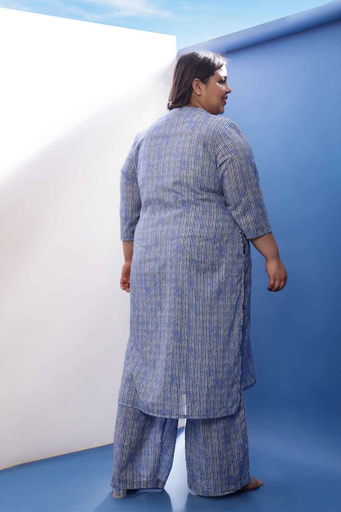 Plus Size Indigo Striped V Neck Cotton Kurta Coord Set