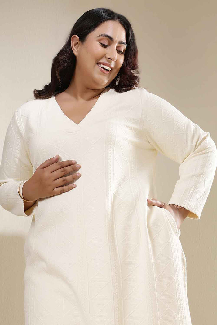 Plus Size Ivory Chunky Knit V Neck Kurta Coord Set