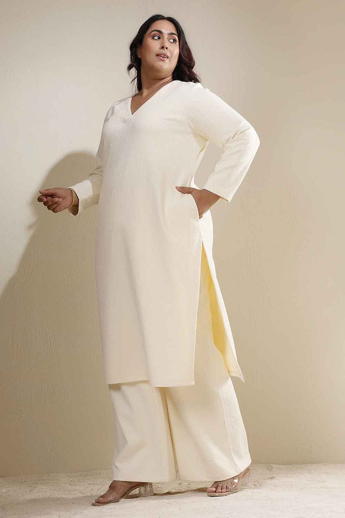 Plus Size Ivory Chunky Knit V Neck Kurta Coord Set