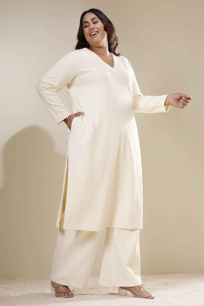 Plus Size Ivory Chunky Knit V Neck Kurta Coord Set