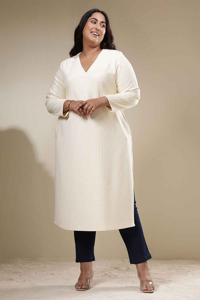 Plus Size Ivory Chunky Knit V Neck Kurta