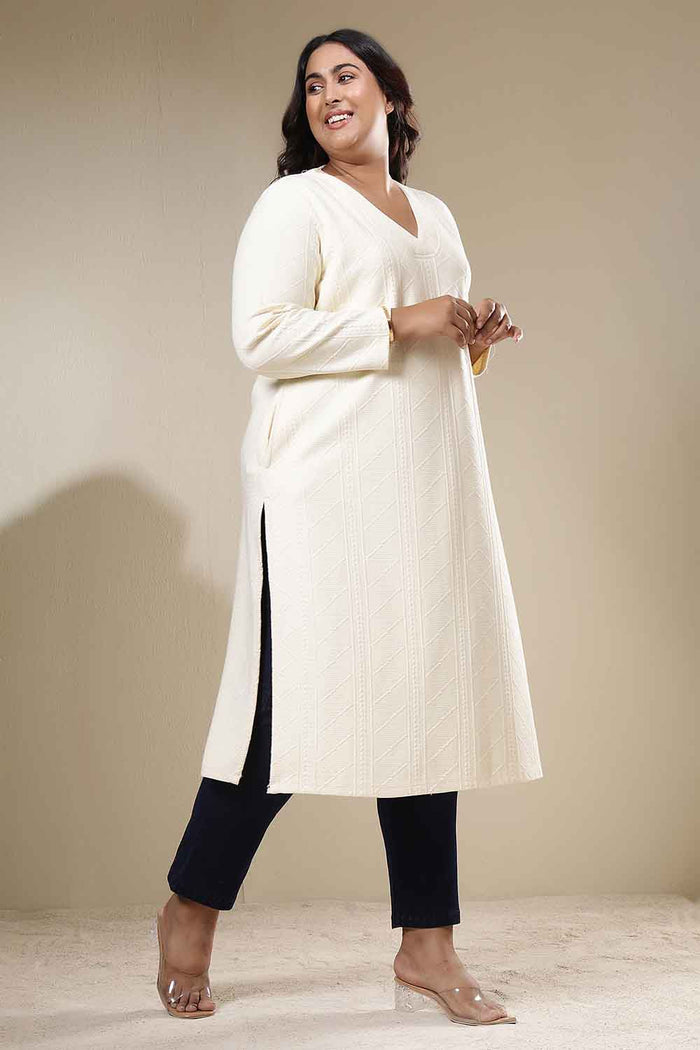Plus Size Ivory Chunky Knit V Neck Kurta